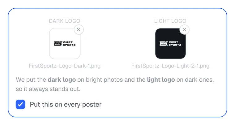 The logo row on hover, with a small round × button on the top corner of each of the two logo pictures