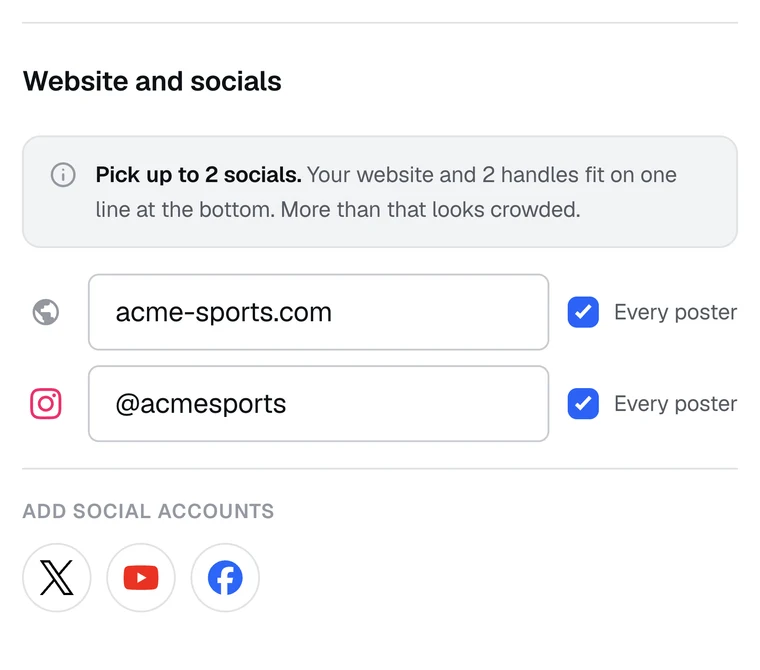 The website and socials section, with a website field and an Instagram field, each with an Every poster tick box, and round buttons to add X, YouTube or Facebook