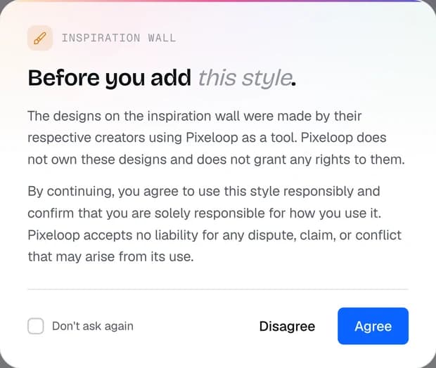 A dialog headed Before you add this style, explaining that designs belong to their creators, with Disagree and Agree buttons