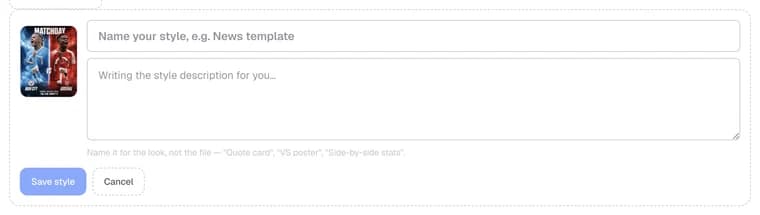 A new style card with the description box reading: writing the style description for you