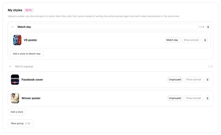 The My styles list with a named group called Match day holding one style, and two more styles under Not in a group