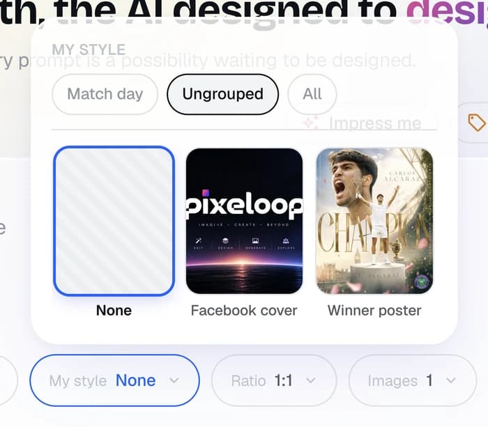 A My style picker showing saved posters as tiles with their names underneath