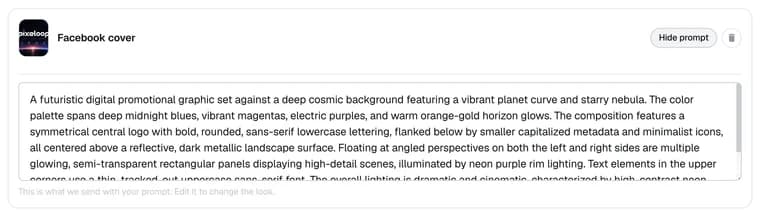 A saved style with its prompt open, showing the description text and a note saying this is what we send with your prompt