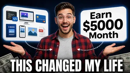 YouTube thumbnail: "Earn $5000 a month", a creator with a laptop