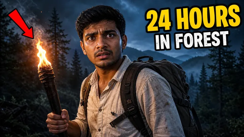 AI YouTube thumbnail: "24 hours in forest", a scared man with a torch